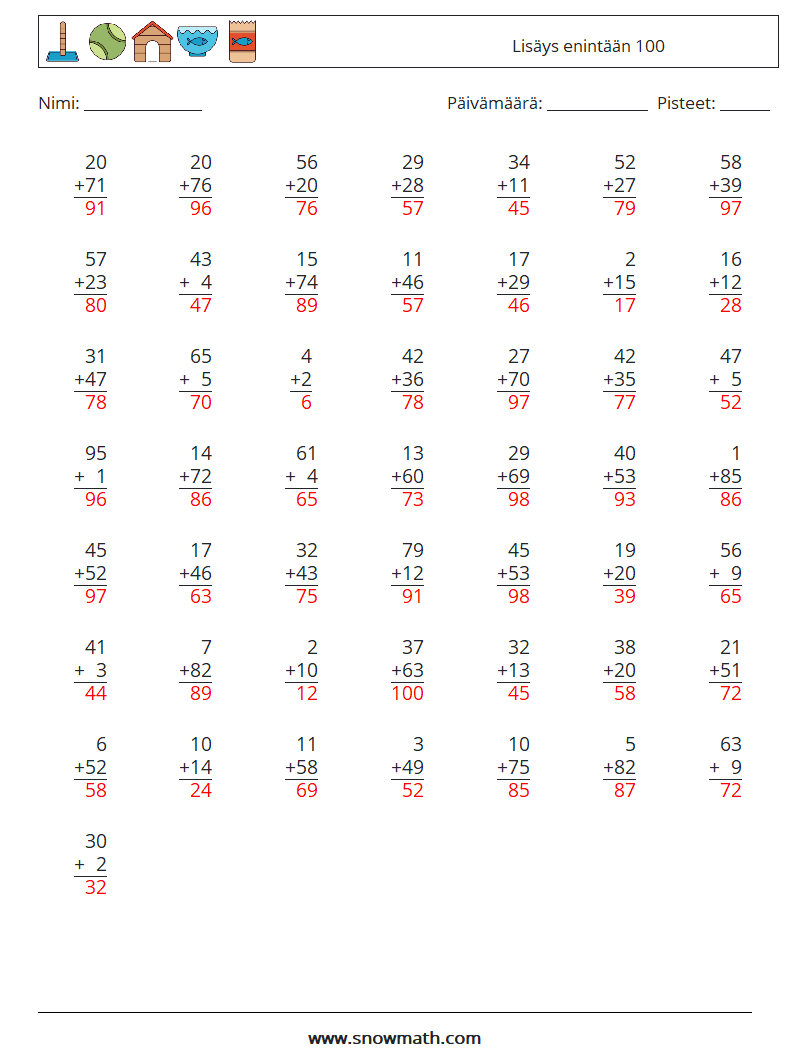 (50) Lisäys enintään 100 Matematiikan laskentataulukot 6 Kysymys, vastaus