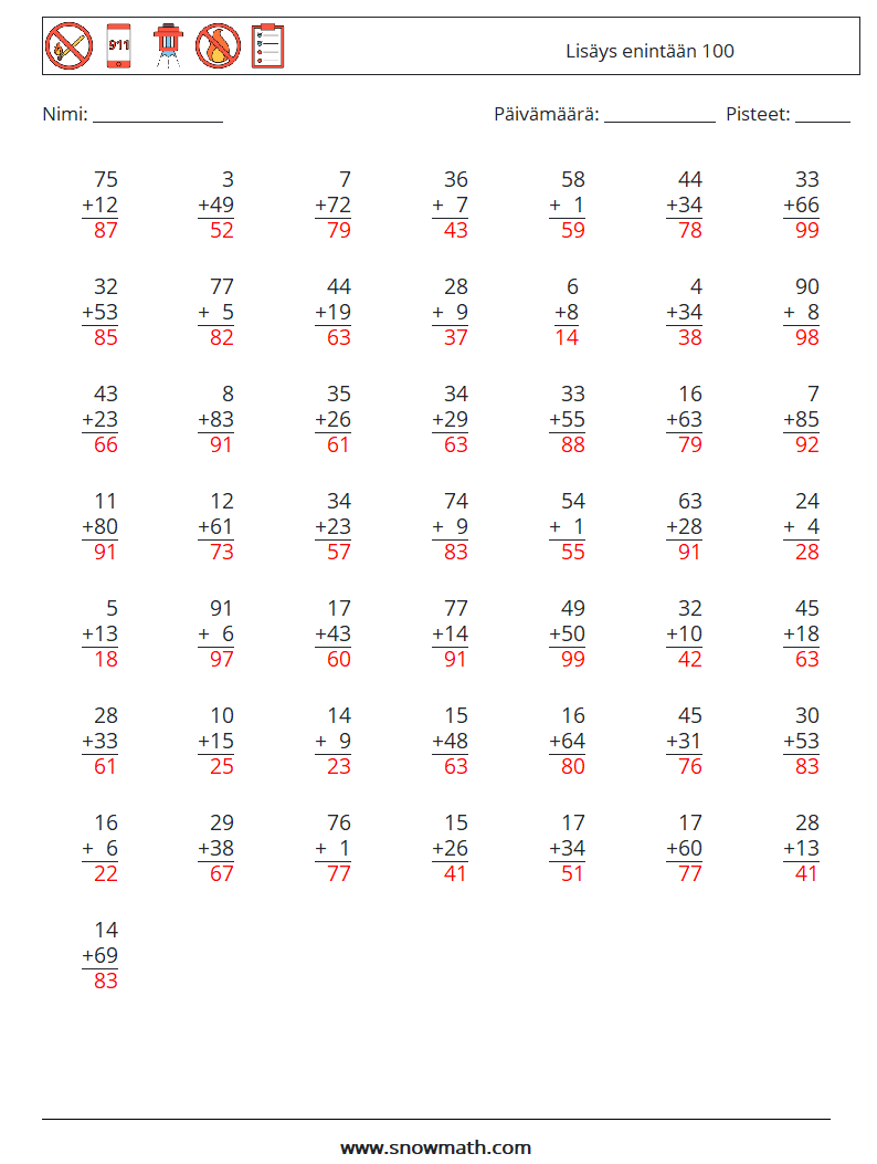 (50) Lisäys enintään 100 Matematiikan laskentataulukot 7 Kysymys, vastaus