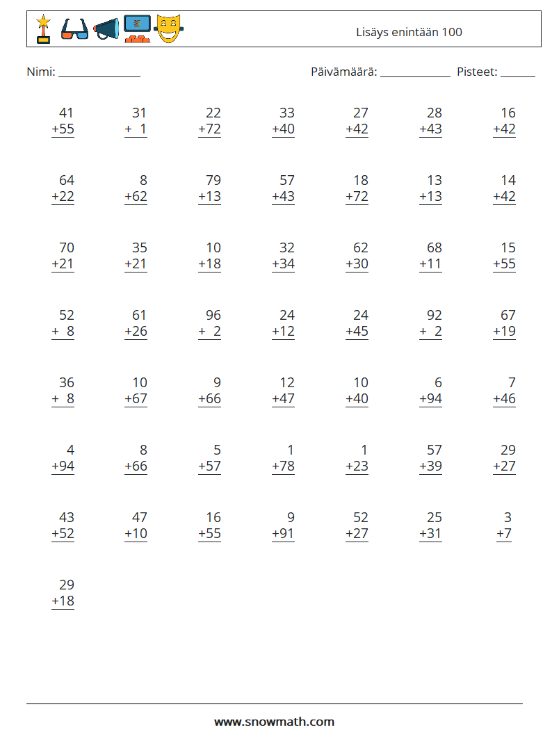 (50) Lisäys enintään 100 Matematiikan laskentataulukot 8