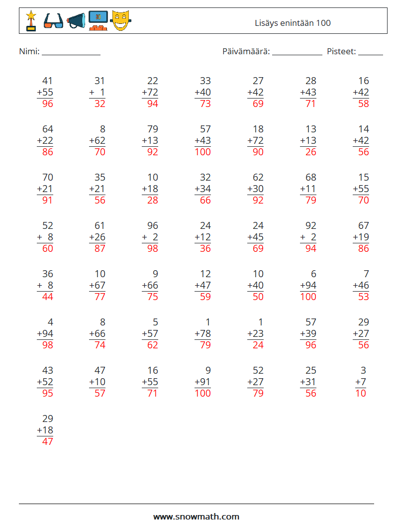 (50) Lisäys enintään 100 Matematiikan laskentataulukot 8 Kysymys, vastaus