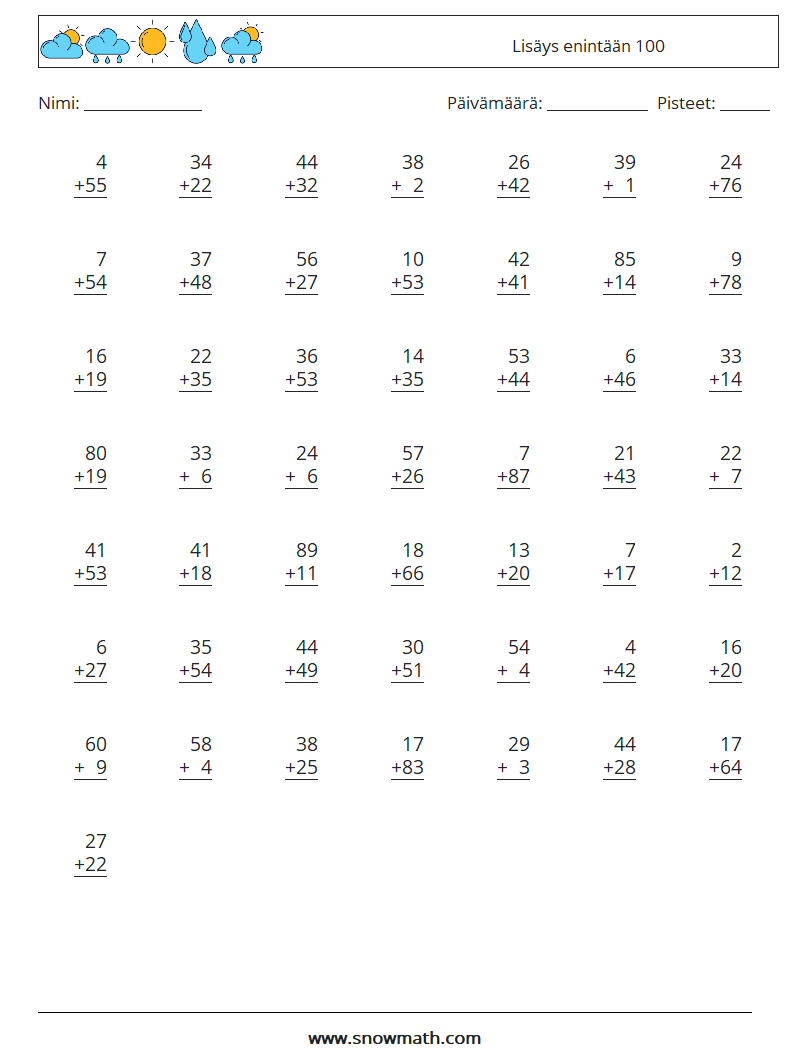 (50) Lisäys enintään 100 Matematiikan laskentataulukot 9