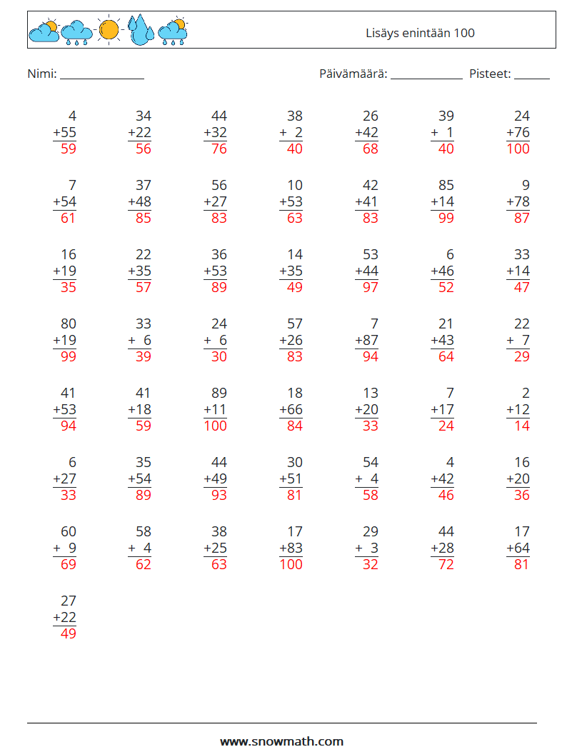 (50) Lisäys enintään 100 Matematiikan laskentataulukot 9 Kysymys, vastaus