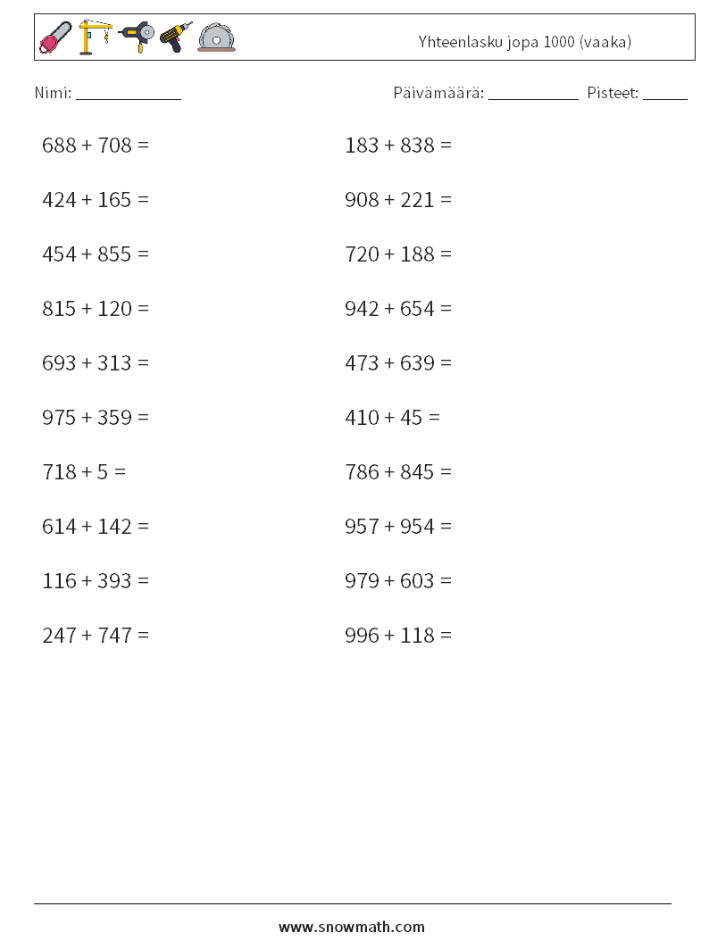 (20) Yhteenlasku jopa 1000 (vaaka) Matematiikan laskentataulukot 1