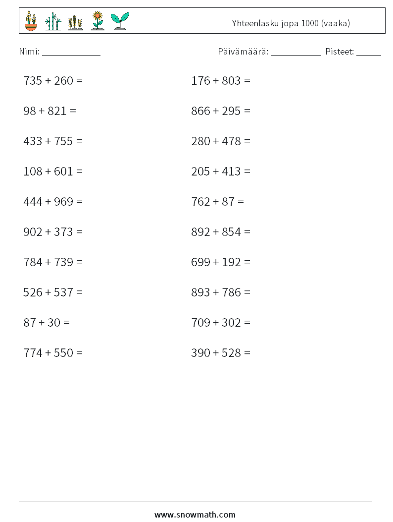 (20) Yhteenlasku jopa 1000 (vaaka) Matematiikan laskentataulukot 2