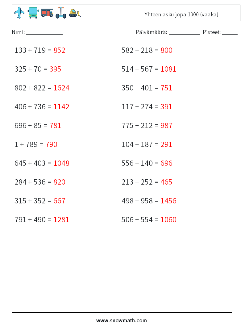 (20) Yhteenlasku jopa 1000 (vaaka) Matematiikan laskentataulukot 4 Kysymys, vastaus