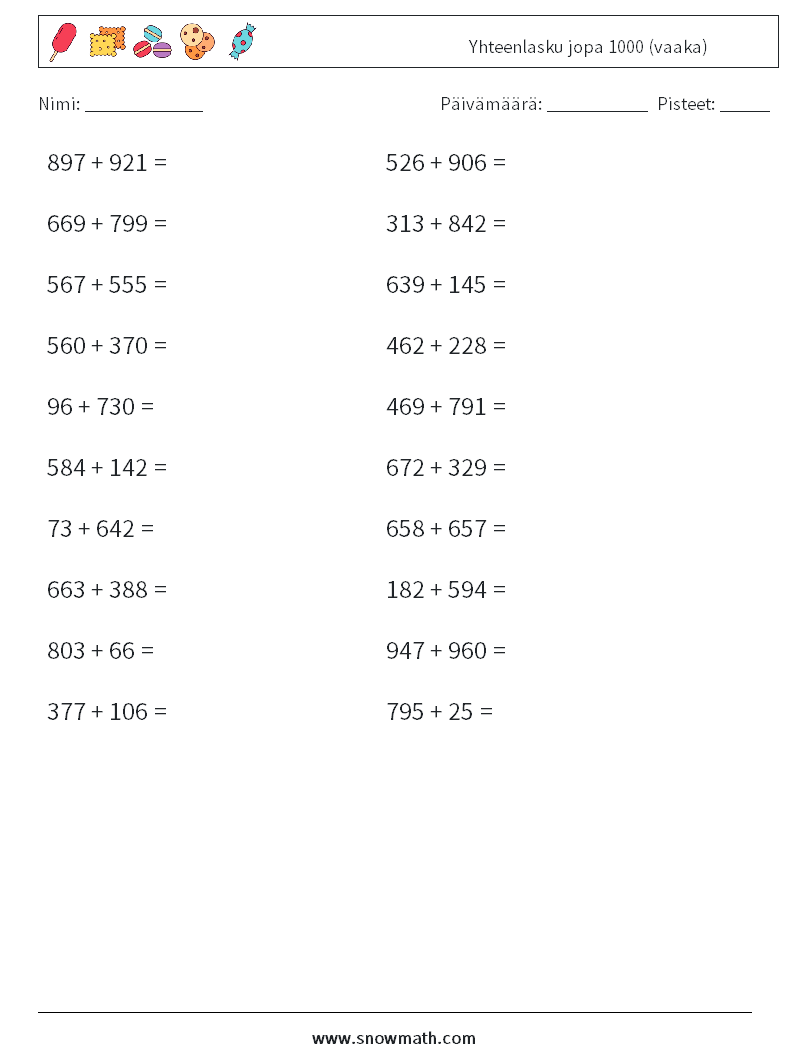 (20) Yhteenlasku jopa 1000 (vaaka) Matematiikan laskentataulukot 5