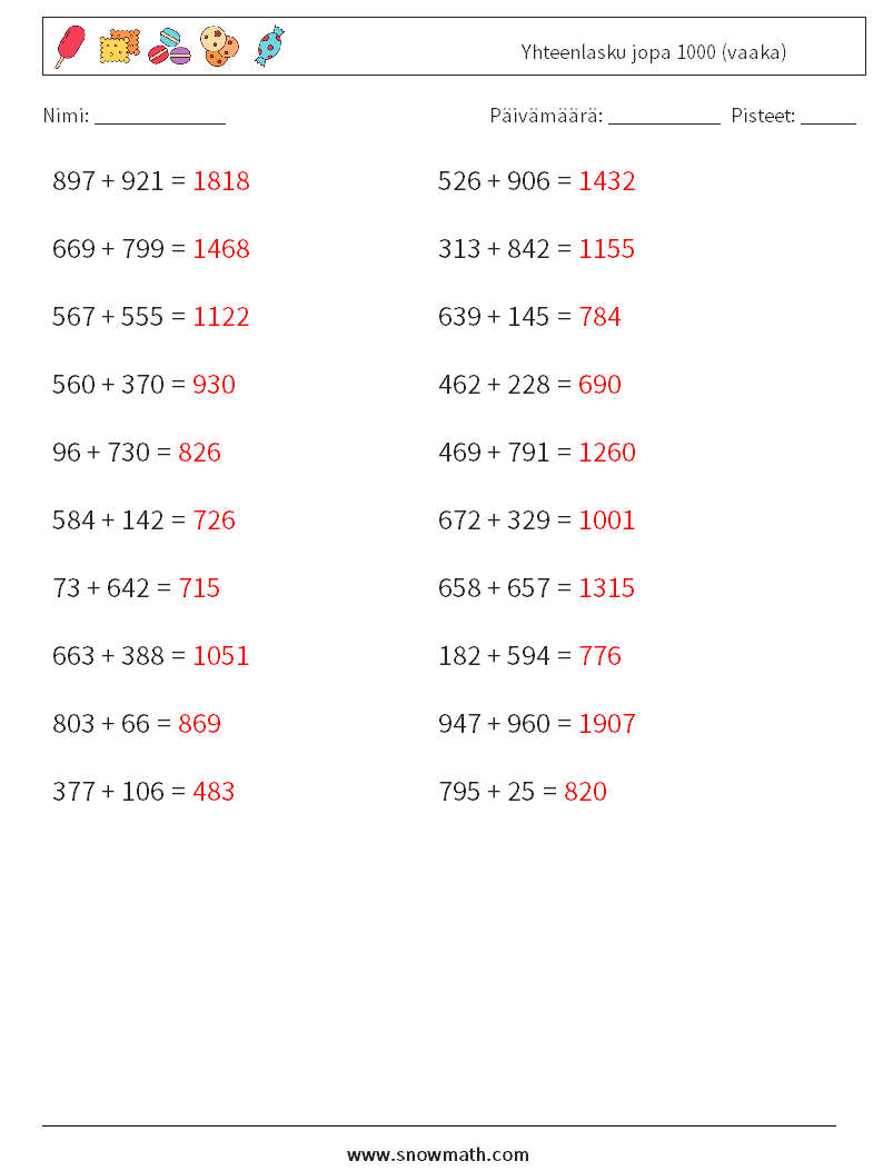 (20) Yhteenlasku jopa 1000 (vaaka) Matematiikan laskentataulukot 5 Kysymys, vastaus