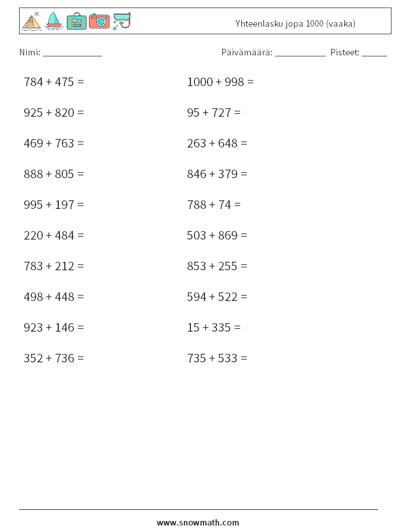 (20) Yhteenlasku jopa 1000 (vaaka) Matematiikan laskentataulukot 6