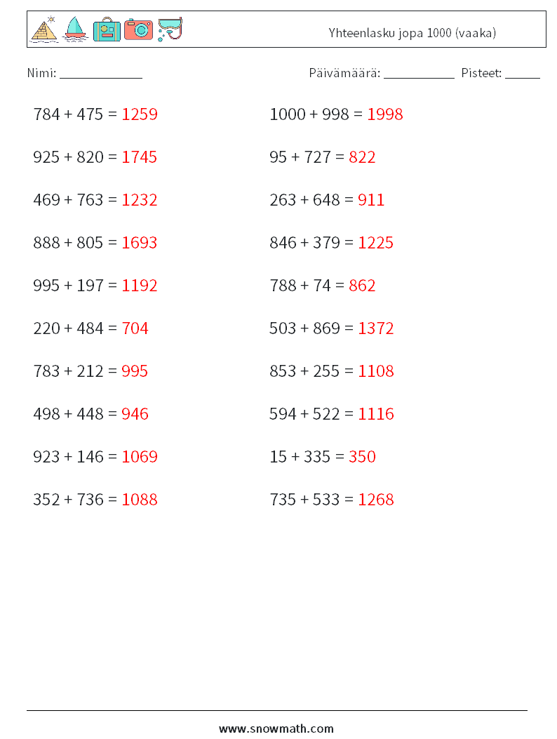 (20) Yhteenlasku jopa 1000 (vaaka) Matematiikan laskentataulukot 6 Kysymys, vastaus