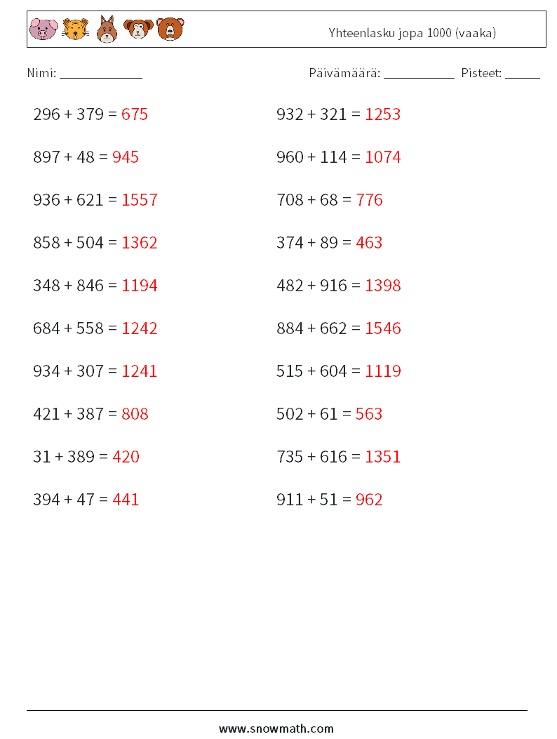 (20) Yhteenlasku jopa 1000 (vaaka) Matematiikan laskentataulukot 7 Kysymys, vastaus