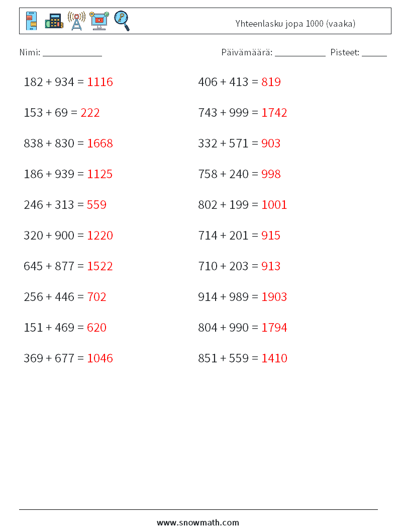 (20) Yhteenlasku jopa 1000 (vaaka) Matematiikan laskentataulukot 8 Kysymys, vastaus