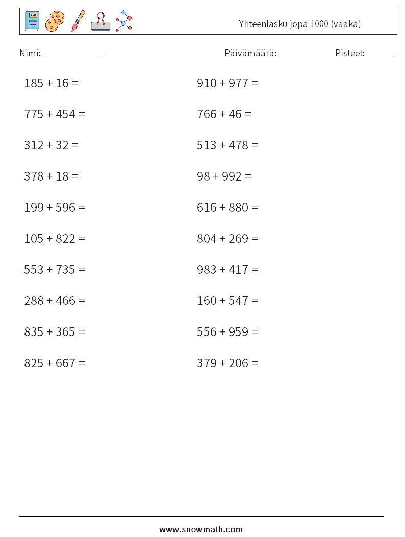 (20) Yhteenlasku jopa 1000 (vaaka) Matematiikan laskentataulukot 9