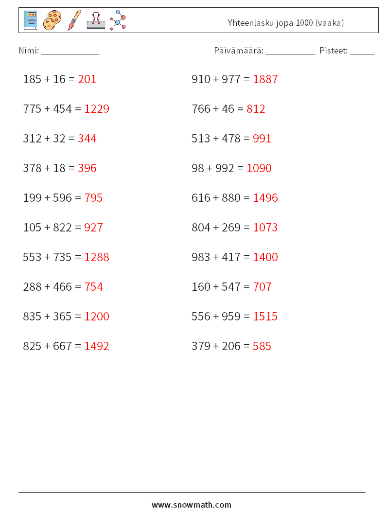 (20) Yhteenlasku jopa 1000 (vaaka) Matematiikan laskentataulukot 9 Kysymys, vastaus