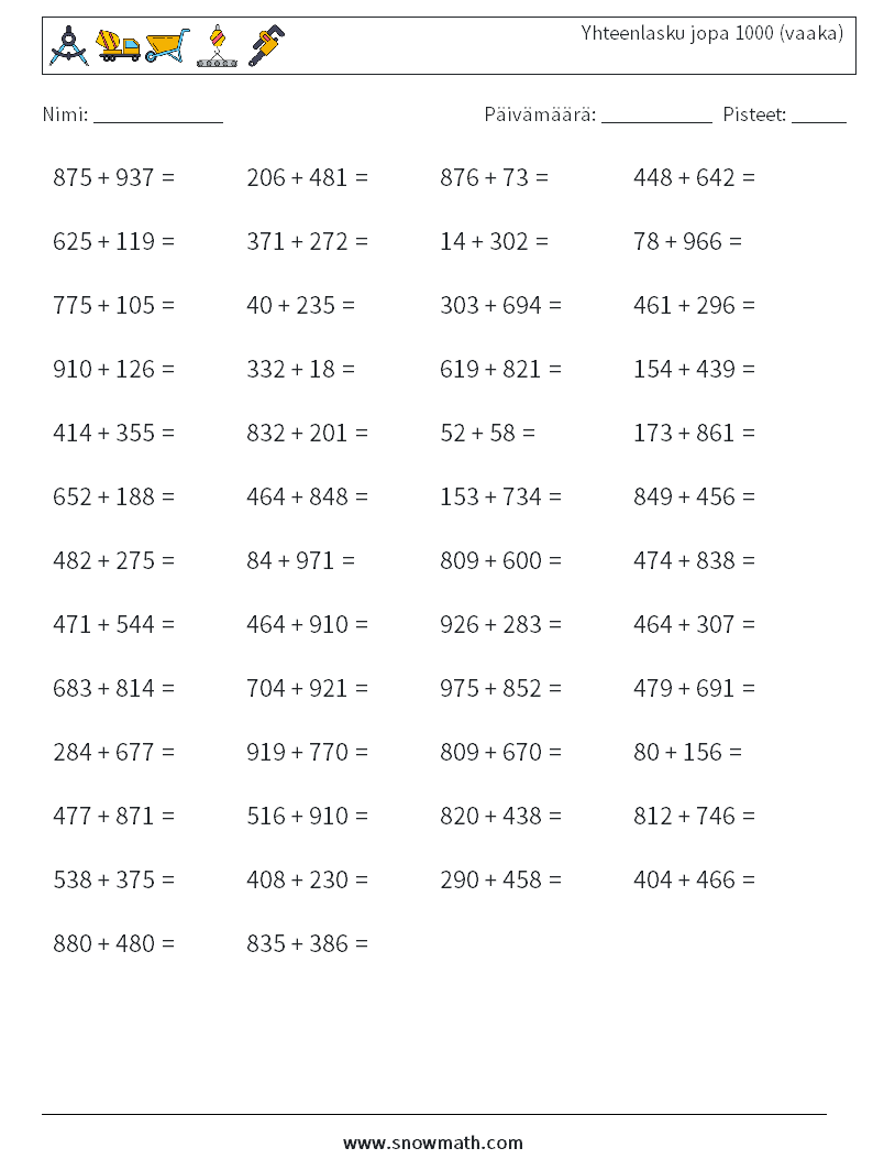 (50) Yhteenlasku jopa 1000 (vaaka) Matematiikan laskentataulukot 1