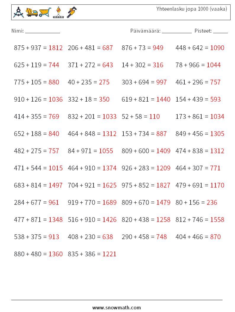 (50) Yhteenlasku jopa 1000 (vaaka) Matematiikan laskentataulukot 1 Kysymys, vastaus