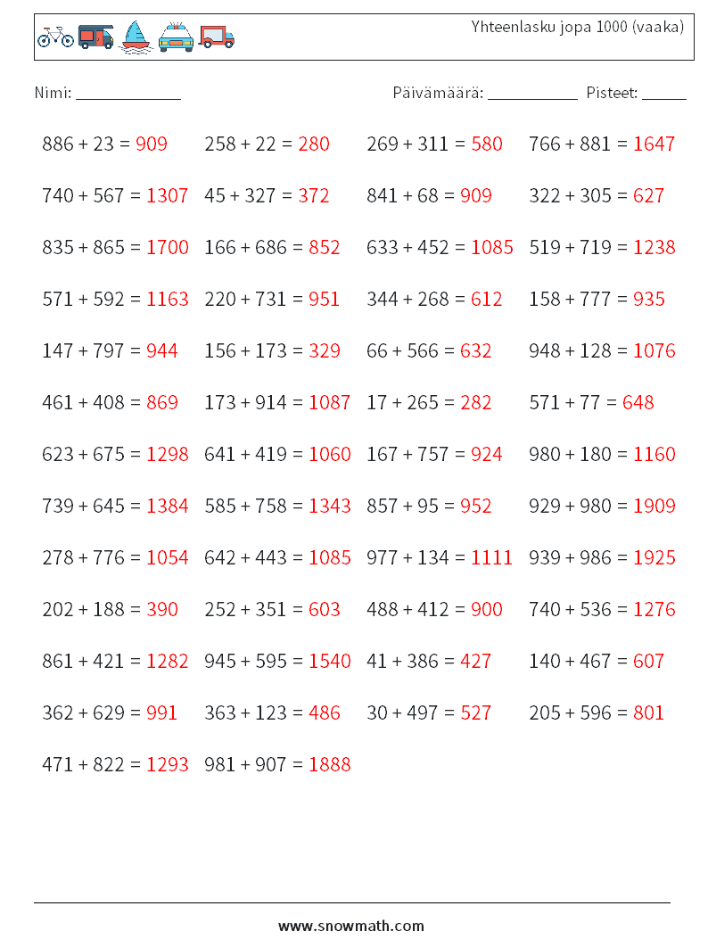 (50) Yhteenlasku jopa 1000 (vaaka) Matematiikan laskentataulukot 2 Kysymys, vastaus