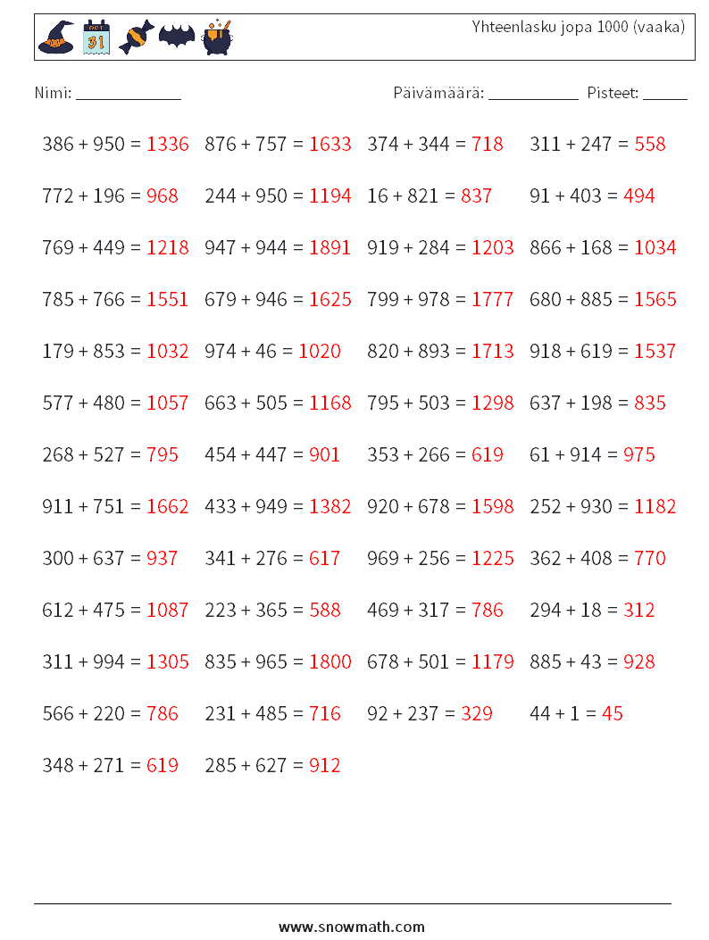 (50) Yhteenlasku jopa 1000 (vaaka) Matematiikan laskentataulukot 3 Kysymys, vastaus