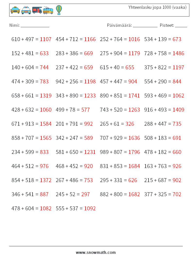 (50) Yhteenlasku jopa 1000 (vaaka) Matematiikan laskentataulukot 4 Kysymys, vastaus