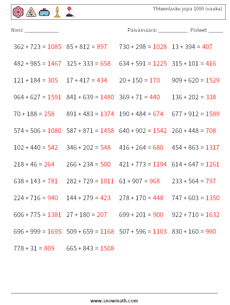 (50) Yhteenlasku jopa 1000 (vaaka) Matematiikan laskentataulukot 5 Kysymys, vastaus