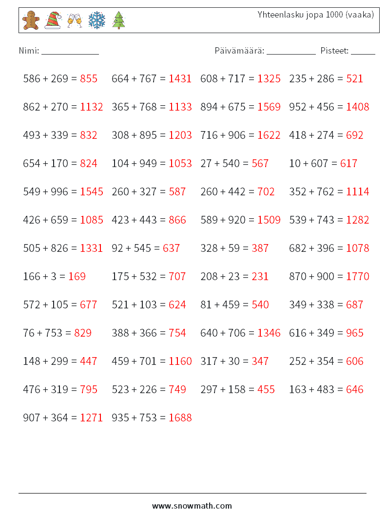 (50) Yhteenlasku jopa 1000 (vaaka) Matematiikan laskentataulukot 6 Kysymys, vastaus