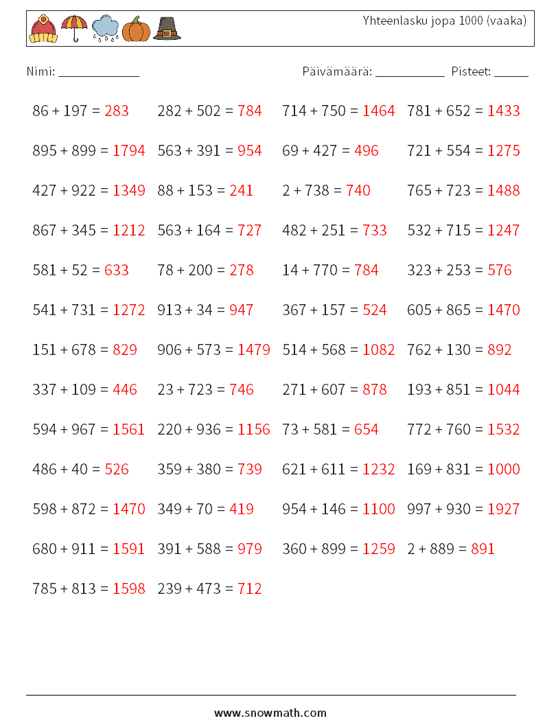 (50) Yhteenlasku jopa 1000 (vaaka) Matematiikan laskentataulukot 7 Kysymys, vastaus