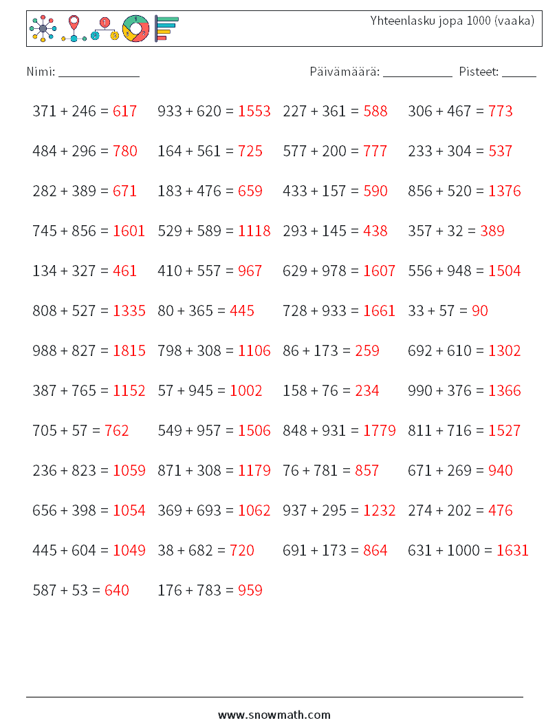 (50) Yhteenlasku jopa 1000 (vaaka) Matematiikan laskentataulukot 9 Kysymys, vastaus