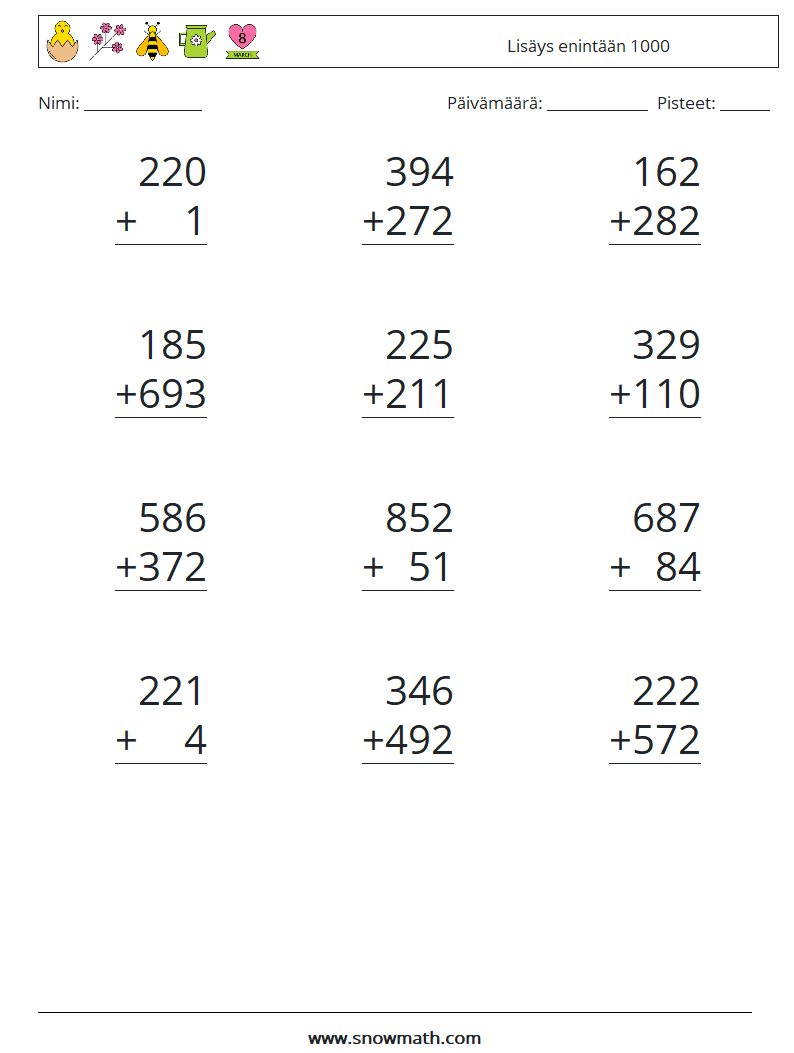 (12) Lisäys enintään 1000 Matematiikan laskentataulukot 1