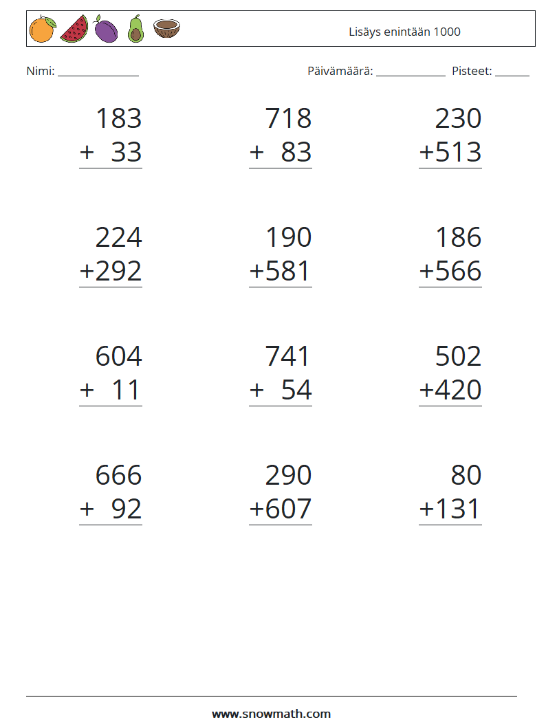 (12) Lisäys enintään 1000 Matematiikan laskentataulukot 10