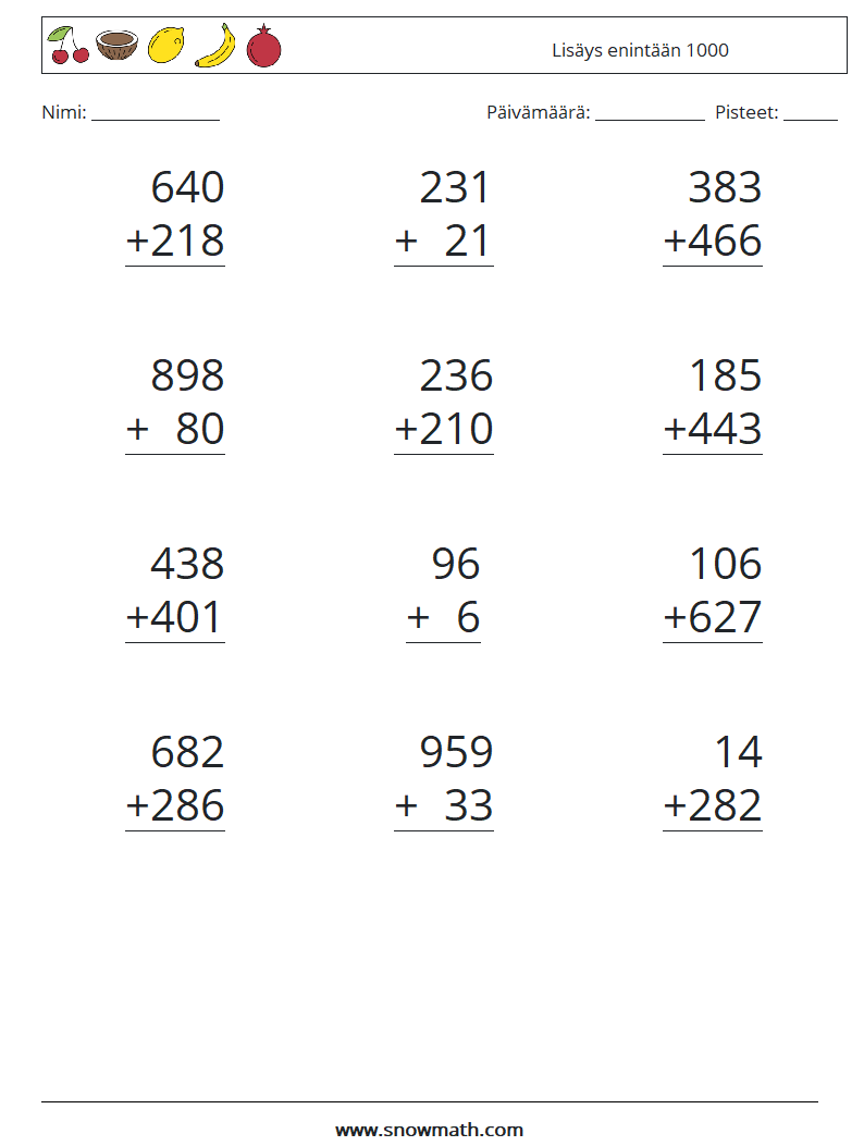 (12) Lisäys enintään 1000 Matematiikan laskentataulukot 13