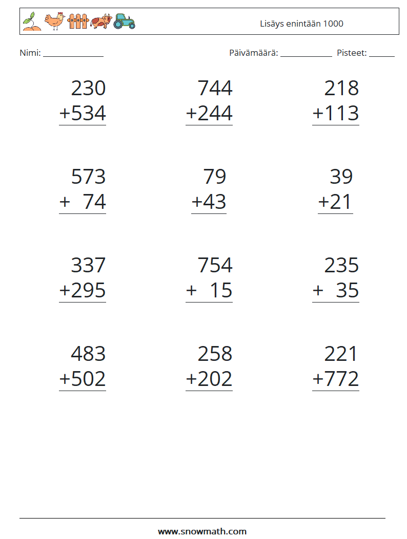 (12) Lisäys enintään 1000 Matematiikan laskentataulukot 14