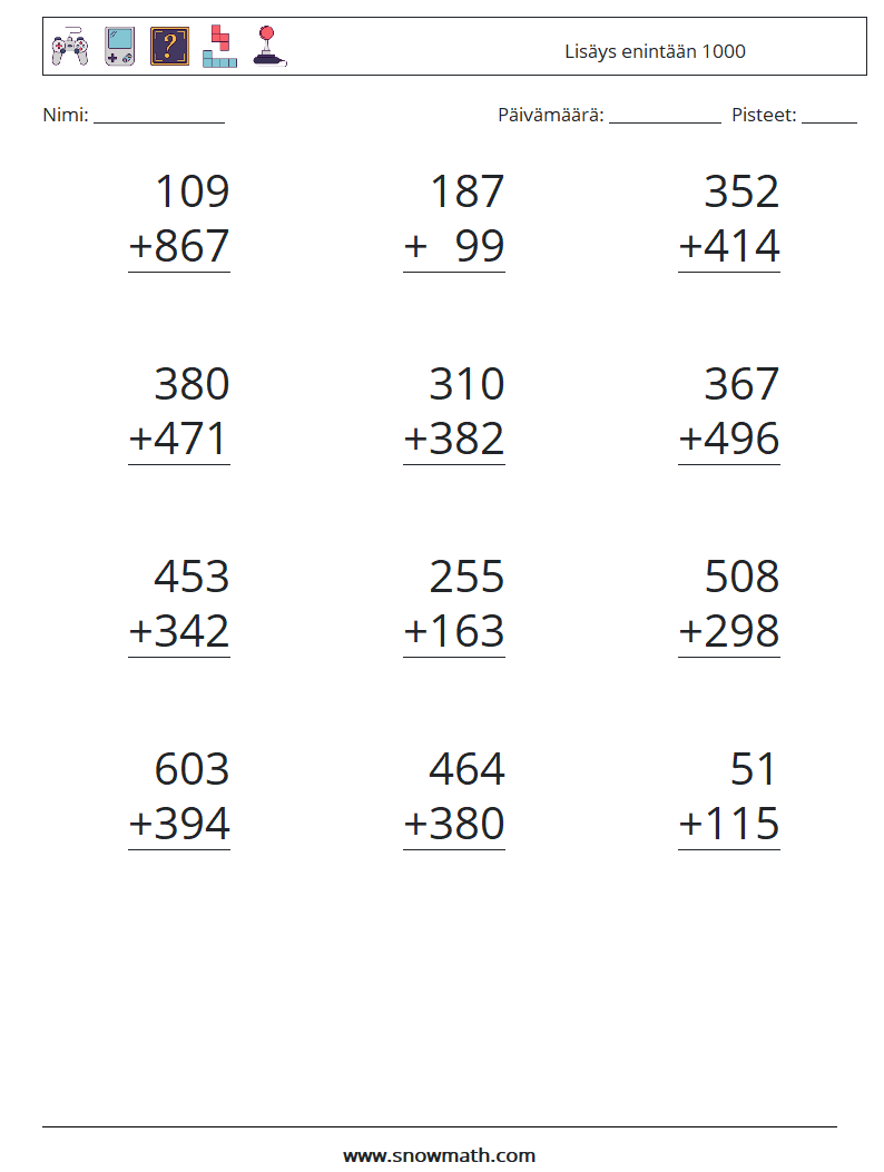 (12) Lisäys enintään 1000 Matematiikan laskentataulukot 15