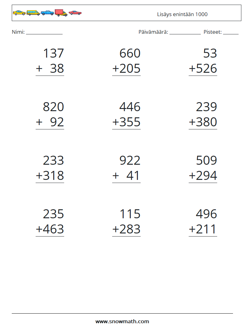 (12) Lisäys enintään 1000 Matematiikan laskentataulukot 18