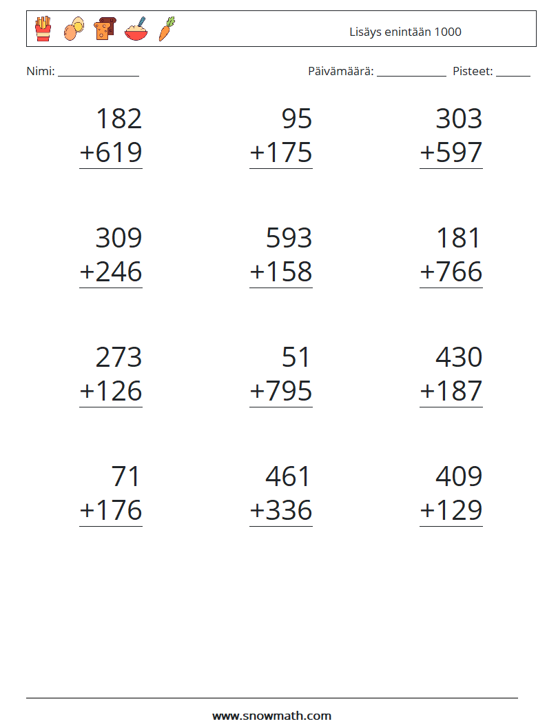 (12) Lisäys enintään 1000 Matematiikan laskentataulukot 3