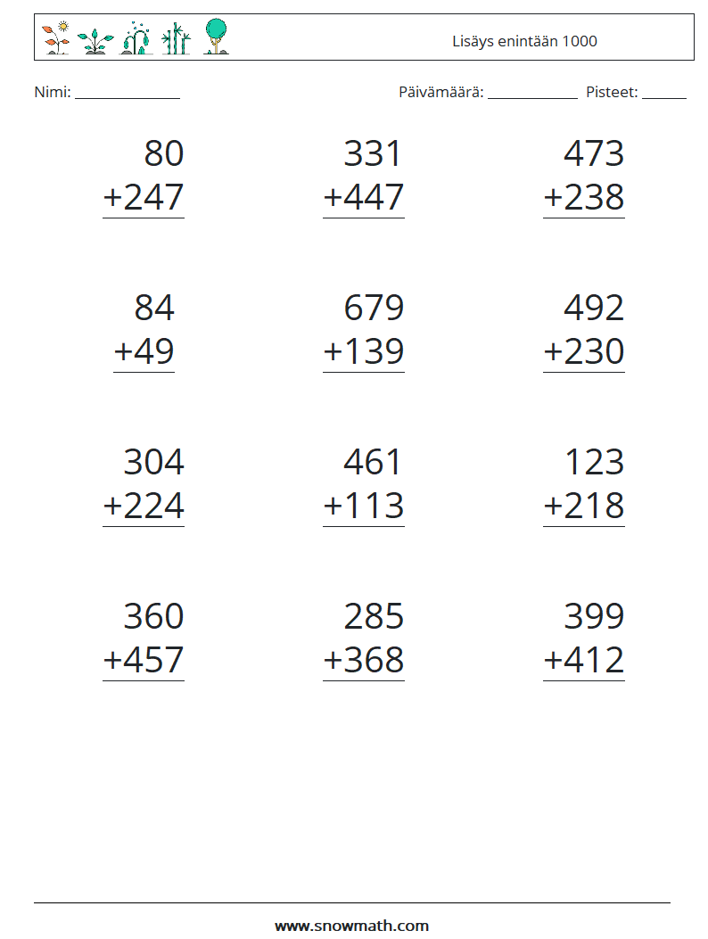 (12) Lisäys enintään 1000 Matematiikan laskentataulukot 4