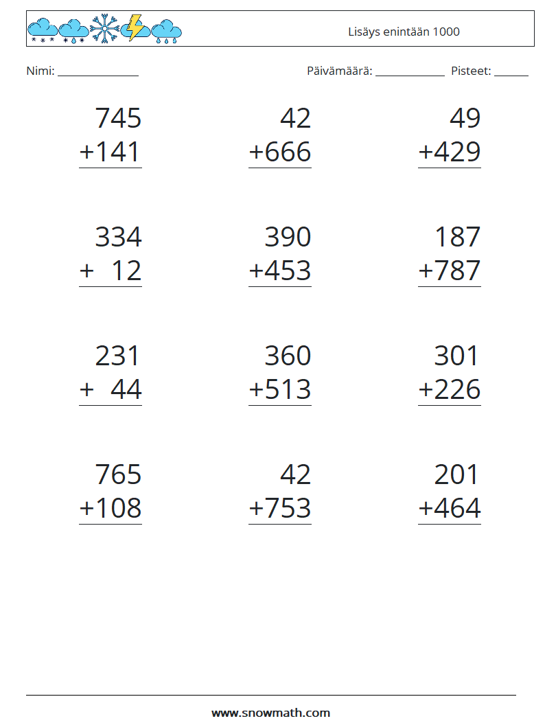 (12) Lisäys enintään 1000 Matematiikan laskentataulukot 6