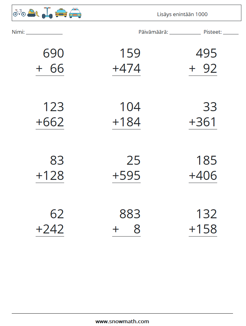 (12) Lisäys enintään 1000 Matematiikan laskentataulukot 7