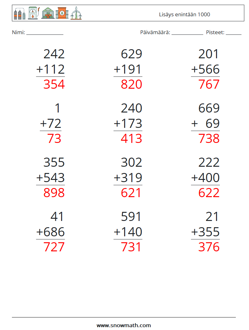 (12) Lisäys enintään 1000 Matematiikan laskentataulukot 8 Kysymys, vastaus