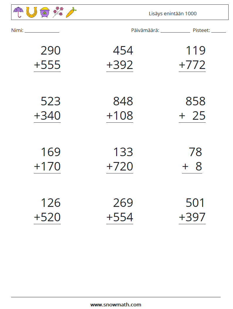 (12) Lisäys enintään 1000 Matematiikan laskentataulukot 9