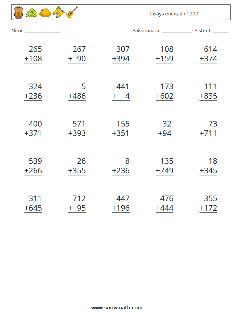 (25) Lisäys enintään 1000 Matematiikan laskentataulukot 1