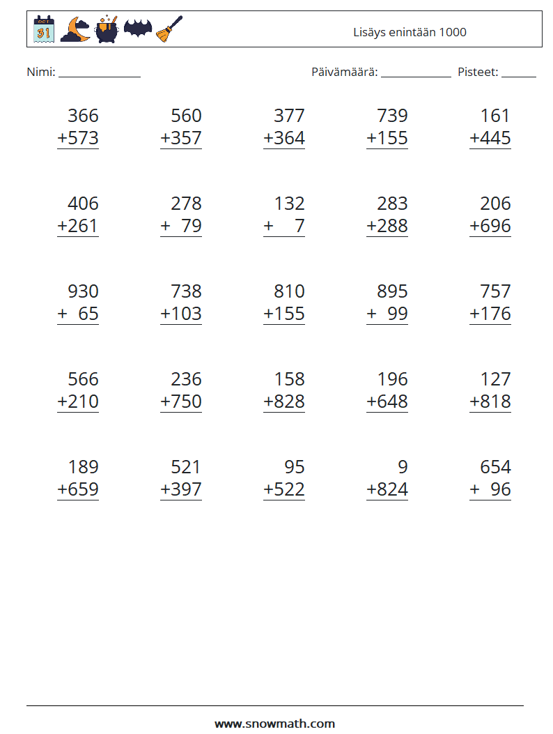 (25) Lisäys enintään 1000 Matematiikan laskentataulukot 10