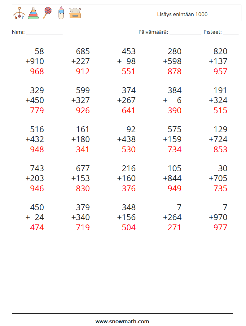 (25) Lisäys enintään 1000 Matematiikan laskentataulukot 12 Kysymys, vastaus