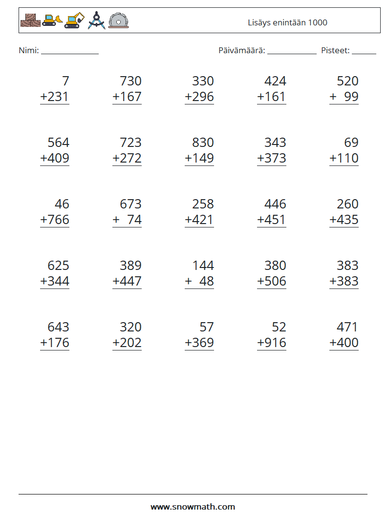 (25) Lisäys enintään 1000 Matematiikan laskentataulukot 13