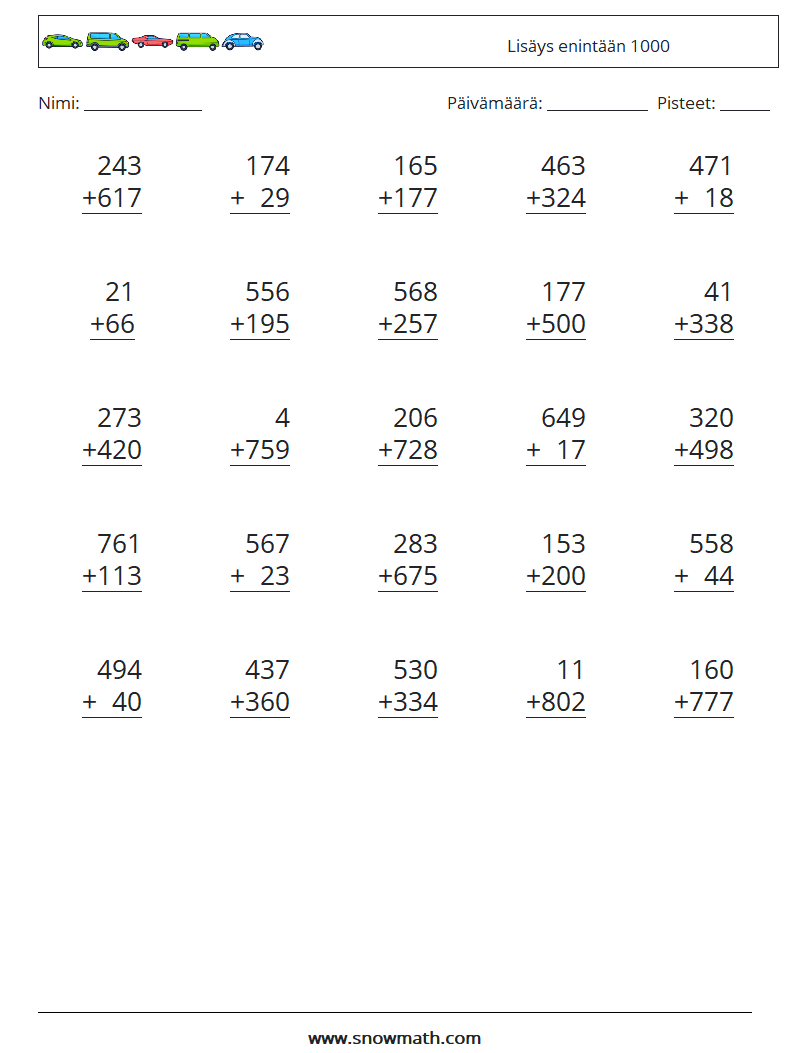 (25) Lisäys enintään 1000 Matematiikan laskentataulukot 17