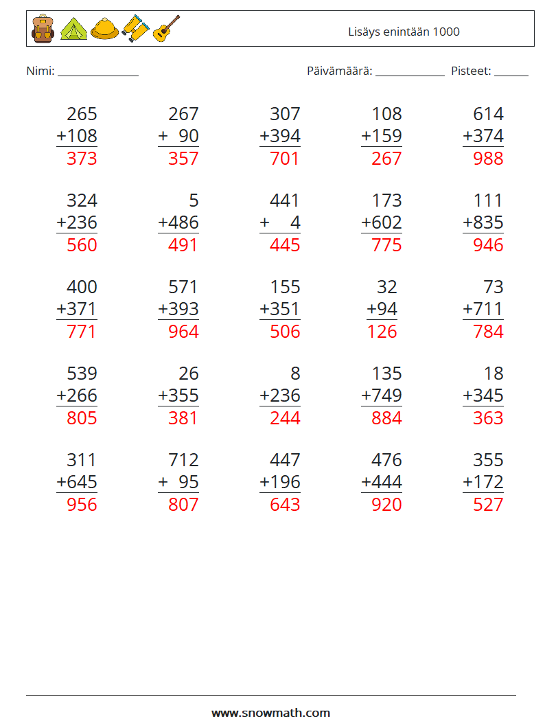 (25) Lisäys enintään 1000 Matematiikan laskentataulukot 1 Kysymys, vastaus