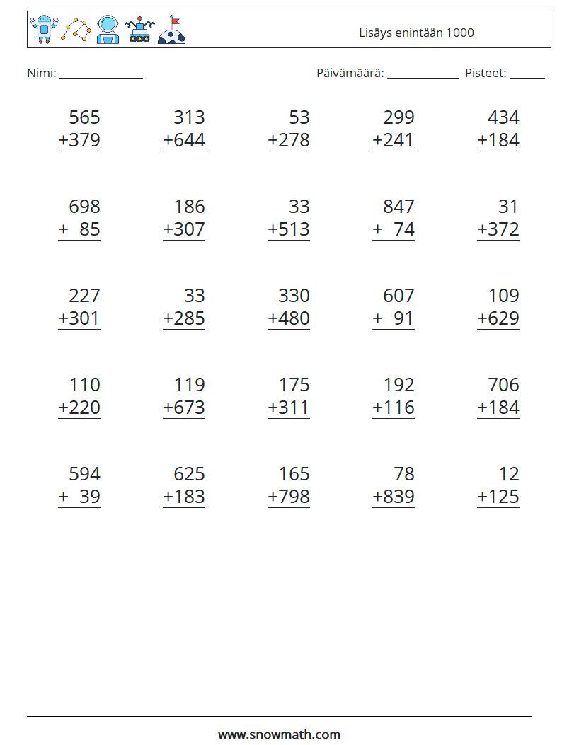 (25) Lisäys enintään 1000 Matematiikan laskentataulukot 2