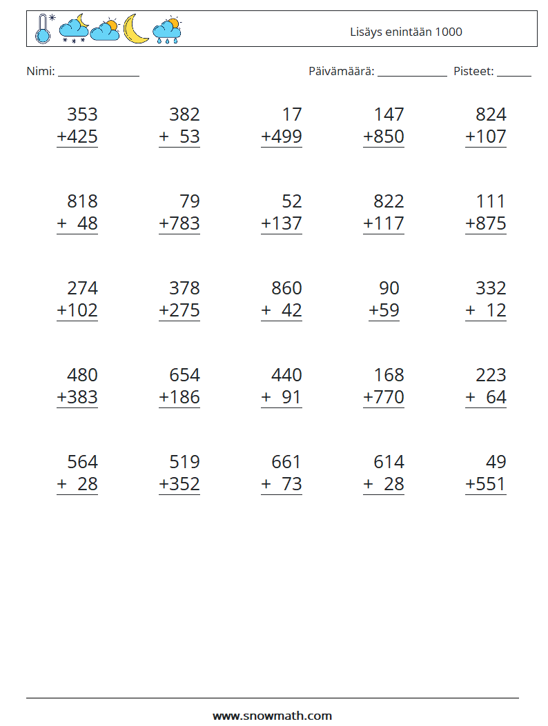 (25) Lisäys enintään 1000 Matematiikan laskentataulukot 3