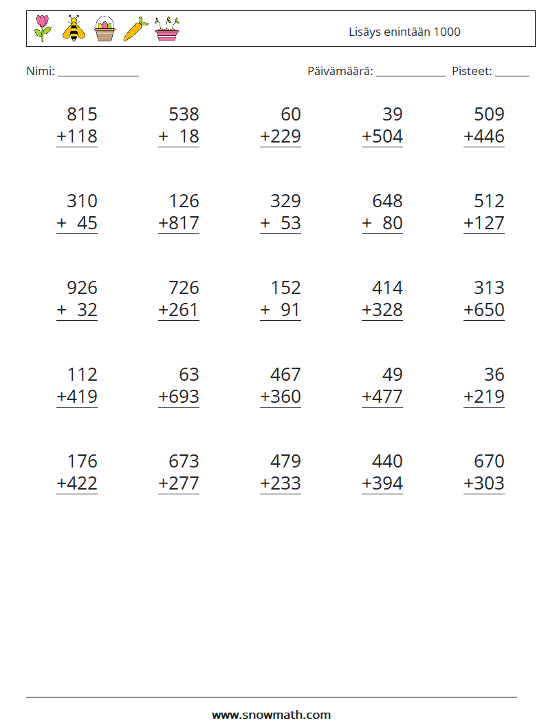 (25) Lisäys enintään 1000 Matematiikan laskentataulukot 8