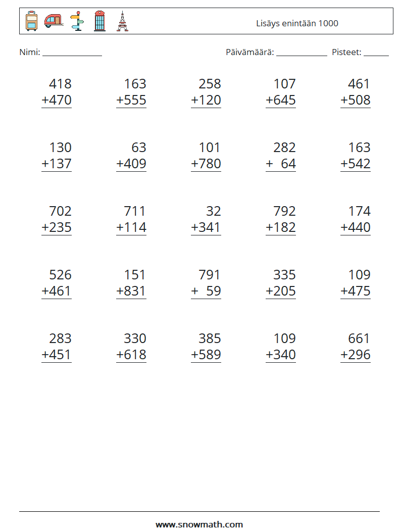 (25) Lisäys enintään 1000 Matematiikan laskentataulukot 9