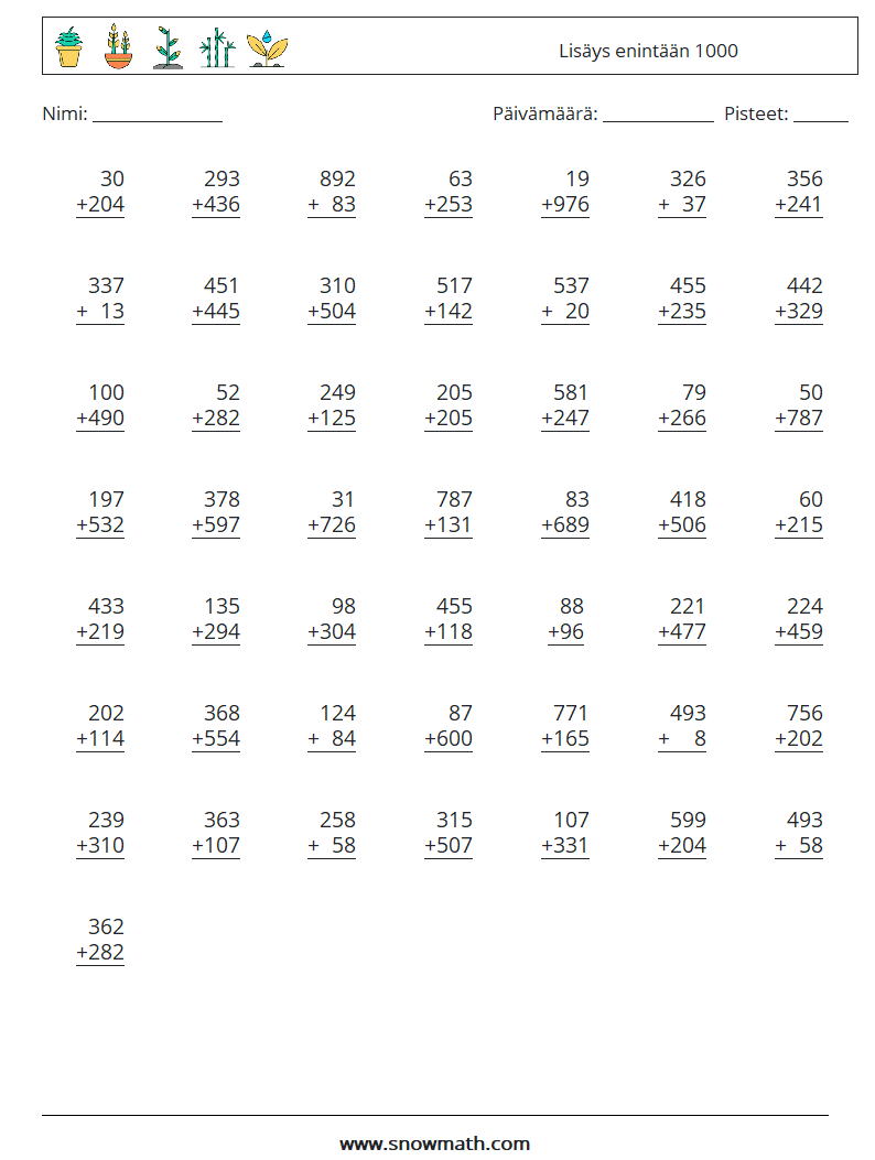 (50) Lisäys enintään 1000 Matematiikan laskentataulukot 1