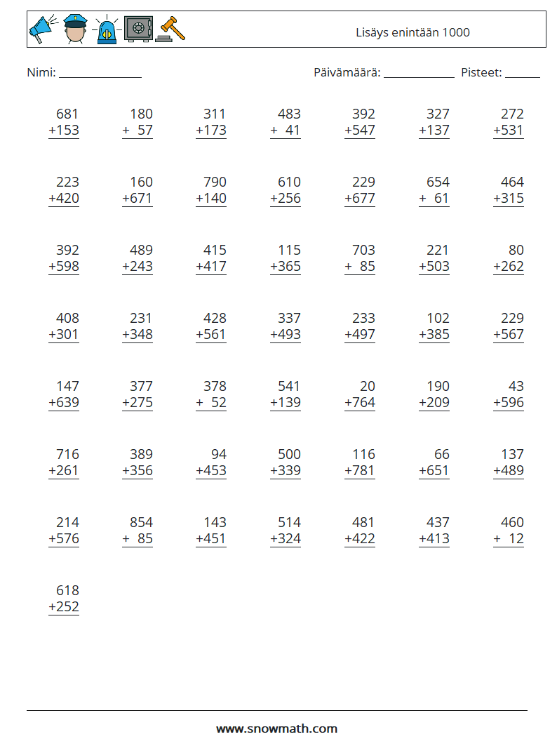 (50) Lisäys enintään 1000 Matematiikan laskentataulukot 10